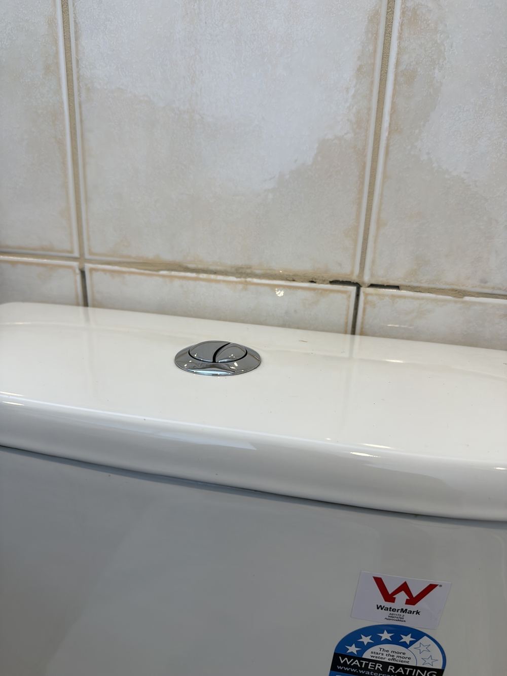 Grout missing from the tiles above a toilet cistern, found during a pre-purchase inspection in Wantirna South